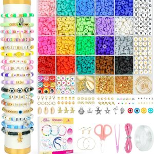 Dowsabel Clay Beads Bracelet Making Kit for Beginner, 5000 Pcs Preppy Polymer Clay Beads with Charms Kit for Jewelry Making, DIY Arts and Crafts Birthday Gifts Toys for Kids Age 6-13-0