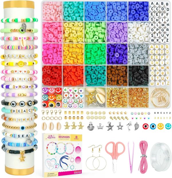 Dowsabel Clay Beads Bracelet Making Kit for Beginner, 5000 Pcs Preppy Polymer Clay Beads with Charms Kit for Jewelry Making, DIY Arts and Crafts Birthday Gifts Toys for Kids Age 6-13-0