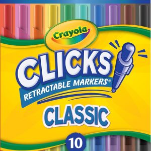 Crayola Clicks Retractable Tip Markers (10ct), Stocking Stuffers for Kids & Toddlers, Cone Tip Washable Art Marker Set, Coloring Book Supplies, No Dry, 3+-0
