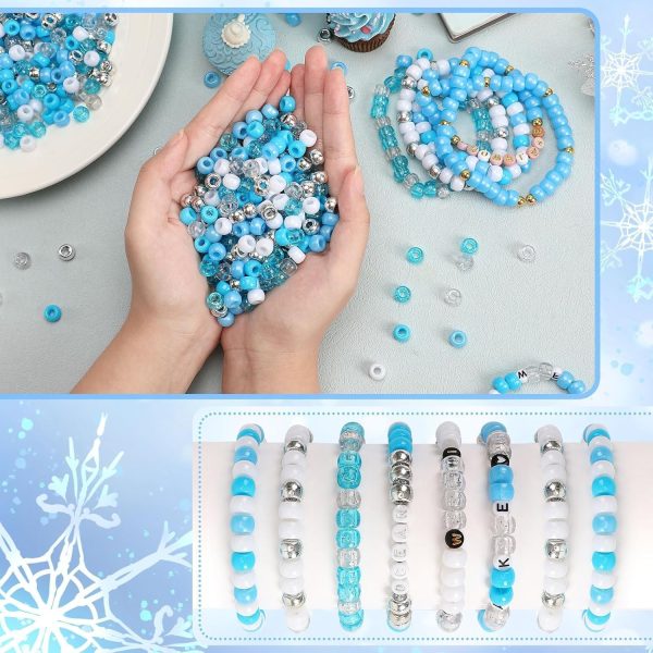 UPINS 1200Pcs Winter Pony Beads,Blue and White Pony Beads Hanukkah Snowflake Hair Glitter Beads Bulk Ocean Sea Beads for Crafts Friendship Necklace Earrings DIY-3