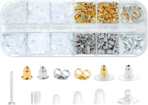 12 Styles 600 Pcs Earring Backs for Studs, Clear Plastic Earrings Hypoallergenic Metal Rubber Silicone Earring Backs Bullet Clutch Stoppers Replacement Kits for Fish Hook Earring Studs Hoops-0