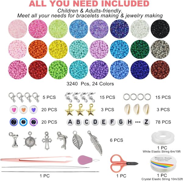 Redtwo 4mm Glass Seed Beads for Jewelry Bracelet Making Kit, Small Beads Friendship Bracelet Kit, Tiny Waist Beads with Letter Beads and Elastic String, DIY Art Craft Girls Gifts.-2