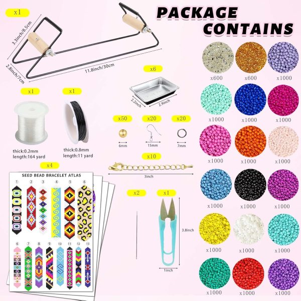Frame Bead Loom Kit for Beaded Bracelets Earrings Belts Making, Include 17250 Seed Beads 3mm 18 Colors and 150 Meter Clear String, Beading Trays, Needles, with Instruction, DIY Boho Jewelry-2