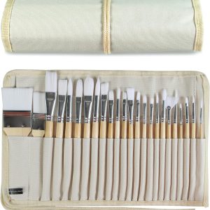 Paint Brushes Set of 24 Pieces Wooden Handles Brushes with Canvas Brush Case, Professional for Oil, Acrylic and Watercolor Painting-0
