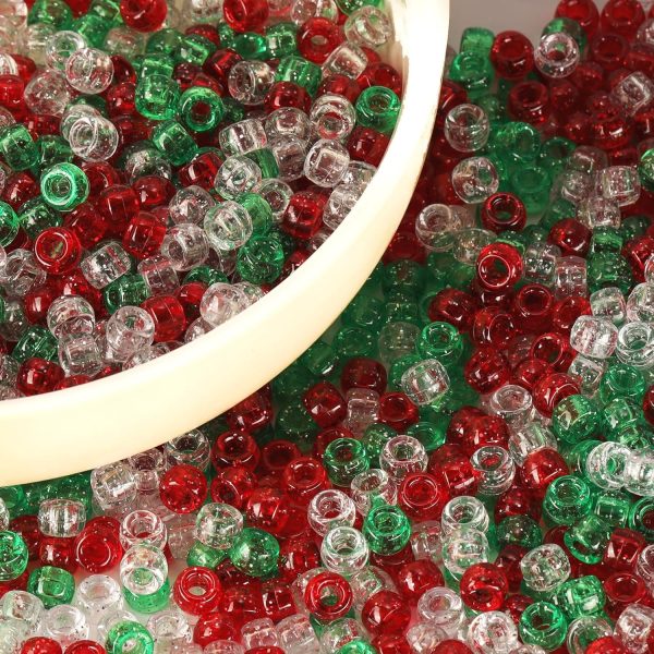 Christmas Beads(1200Pcs 6x9mm) Pony Beads Bulk, Red White Green Glitter Bead for Hair Braids, Christmas Decoration,Friendship Crafts (Xmas Glitter) ponytail