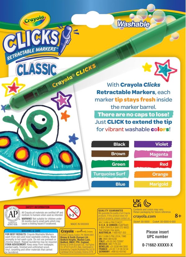 Crayola Clicks Retractable Tip Markers (10ct), Stocking Stuffers for Kids & Toddlers, Cone Tip Washable Art Marker Set, Coloring Book Supplies, No Dry, 3+-3