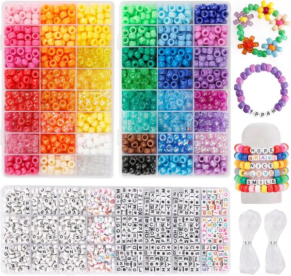 Quefe 3960pcs Pony Beads for Friendship Bracelet Making Kit 48 Colors Kandi Beads Set, 2400pcs Plastic Rainbow Bulk and 1560pcs Letter Beads with 20 Meter Elastic Threads for Craft Jewelry Necklace-0