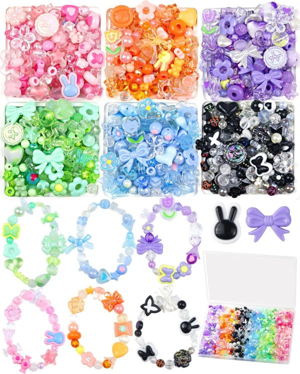 450PCS FIVEIZERO Assorted Acrylic Beads for Bracelet Making, Flower Star Heart Butterfly Candy Gummy Bear Kawaii Aesthetic Cute Beads for Jewelry Making, Keychains, Necklace, Phone Charms, DIY Crafts-0