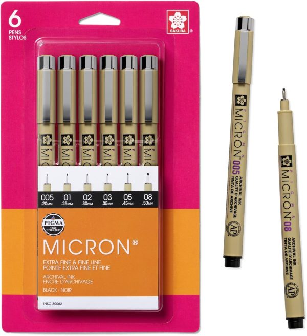 SAKURA Pigma Micron Fineliner Pens - Archival Black Ink Pens - Pens for Writing, Drawing, or Journaling - Assorted Point Sizes - 6 Pack-0