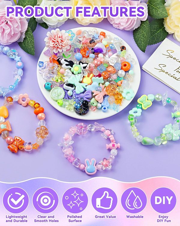 450PCS FIVEIZERO Assorted Acrylic Beads for Bracelet Making, Flower Star Heart Butterfly Candy Gummy Bear Kawaii Aesthetic Cute Beads for Jewelry Making, Keychains, Necklace, Phone Charms, DIY Crafts-2