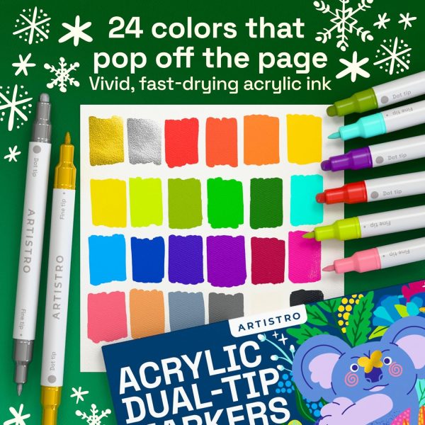 ARTISTRO 24 Acrylic Paint Markers for Rock, Fabric, Wood, Glass, Craft, Decoration - Dual-Tip Paint Pens - Stocking Stuffers, Christmas Gift Idea for Teens, Grandkids, Kids - Art Supplies-1