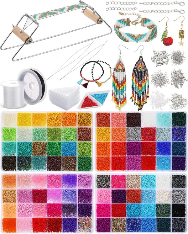 Jexine Bead Loom Kit for Adults 48000 Pcs Beading Loom Supplies with 96 Color 2 mm Glass Seed Bead Bracelets Christmas Jewelry Earring Making Tools Gifts for Women DIY Craft-0