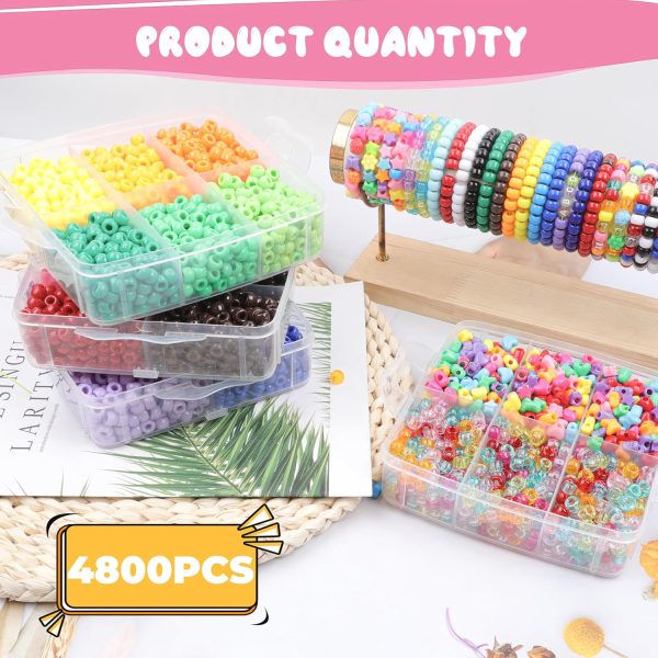 4800 Pcs Pony Beads for Friendship Bracelets 6x9mm 18 Solid 8 Color Shapes 10 Glitter Plastic Beads for Jewelry Making Supplies Necklaces Keychains Hair Braid DIY Craft Accessories-2