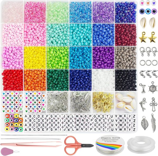Redtwo 4mm Glass Seed Beads for Jewelry Bracelet Making Kit, Small Beads Friendship Bracelet Kit, Tiny Waist Beads with Letter Beads and Elastic String, DIY Art Craft Girls Gifts.-0