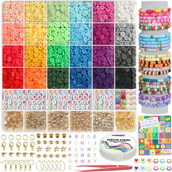 YMSDZHL 6000+PCS Clay Beads Bracelet Making Kit,24 Color DIY Flat Preppy Beads for Friendship Jewelry Making,Polymer Heishi Beads with Charms Gifts for Teen Girls Crafts for Ages 4-12-0