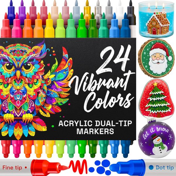 ARTISTRO 24 Acrylic Paint Markers for Rock, Fabric, Wood, Glass, Craft, Decoration - Dual-Tip Paint Pens - Stocking Stuffers, Christmas Gift Idea for Teens, Grandkids, Kids - Art Supplies-0