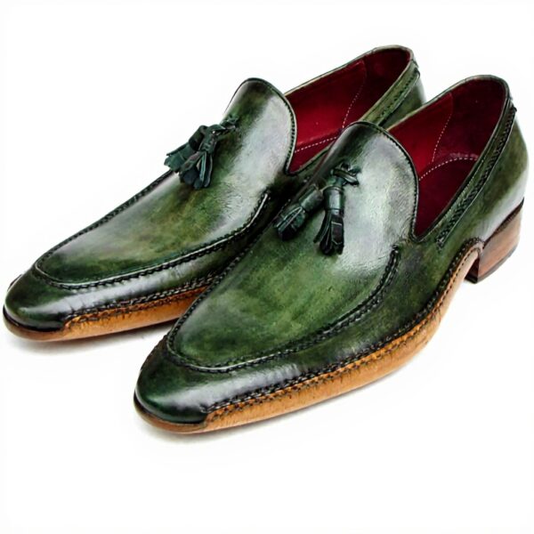 Mocassins Paul Parkman pompons homme cuir vert sur mesure