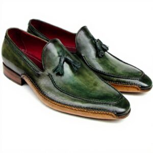 Mocassins Paul Parkman pompons homme cuir vert sur mesure